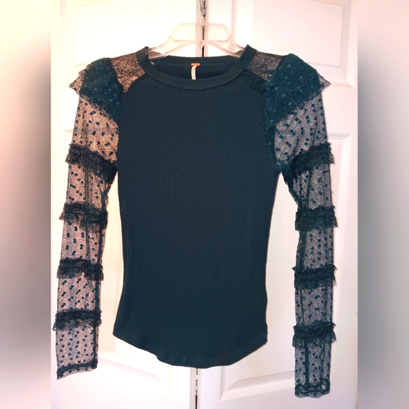 Free People Kiss Kiss 💋 Teal Swiss Dot Mesh Long Sleeve Top. Size S. - Picture 4 of 9